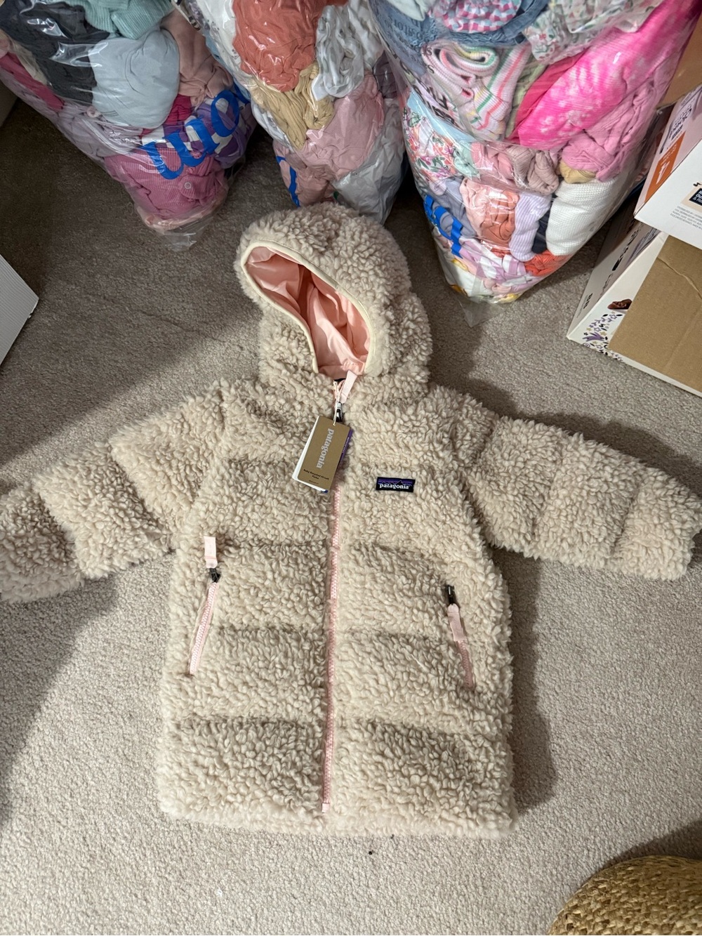Patagonia Toddler Recycled Hi-Loft Parka in Cream with Pink Lining